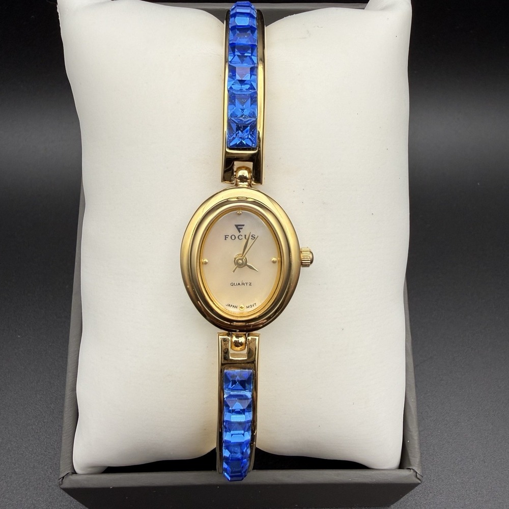 Vintage FOCUS Gold Tone Blue Crystal Bangle Quartz Watch Japan Y2K Needs Battery